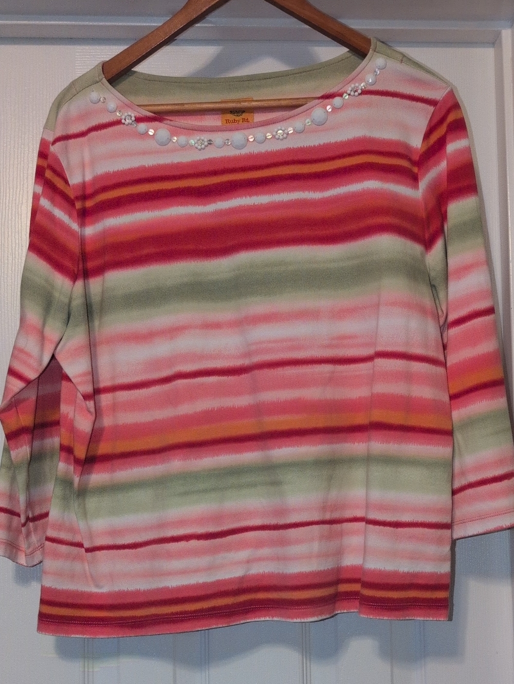 Ruby Rd. Pink, Green & White Striped Long Sleeve Top with Neck Embellishments